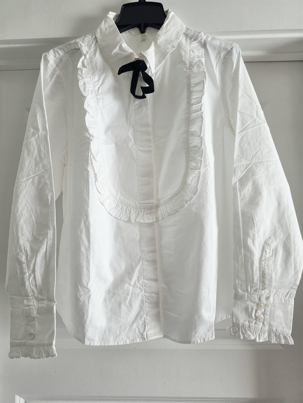 H&M White Ruffle Bib Button-Up Blouse with Black Ribbon